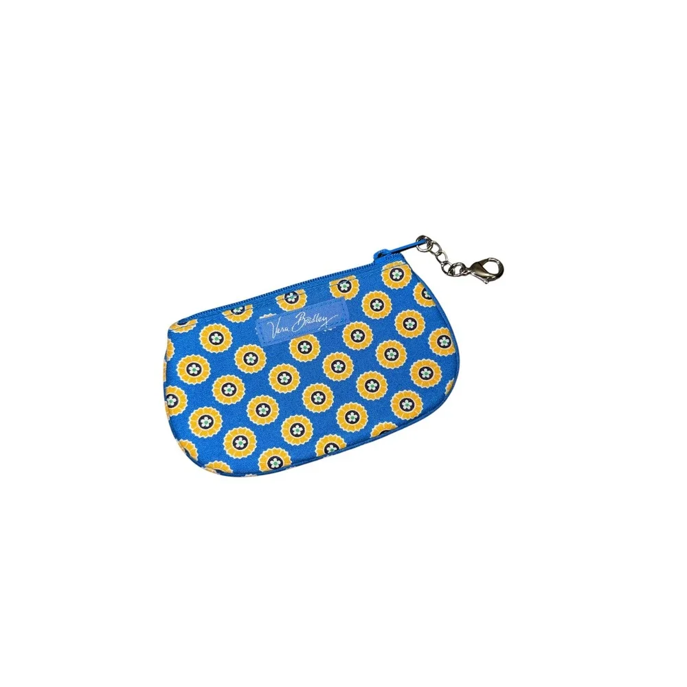 Vera Bradley Riviera Blue Zip ID Case Floral Quilted Cotton Wallet Blue Yellow